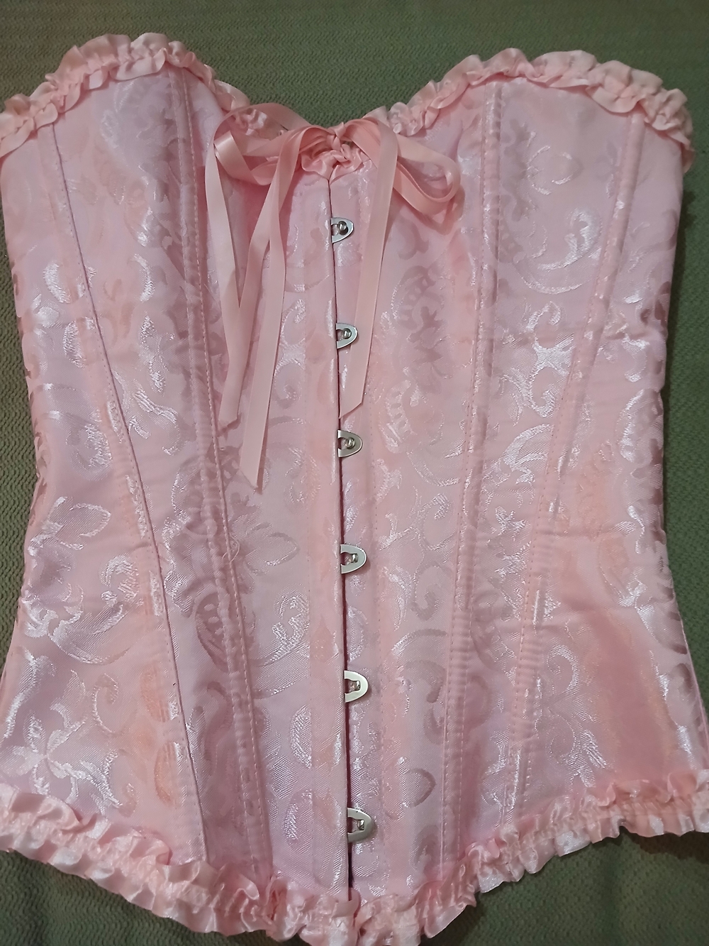 Wonen's Szivyshi Pink Satin Floral Corset Top Size XS Ribbons, Ruffles